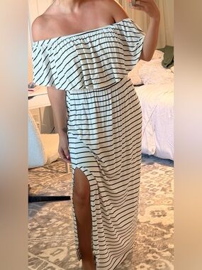 Sweet Love Cream and Black Striped Off-Shoulder Dress